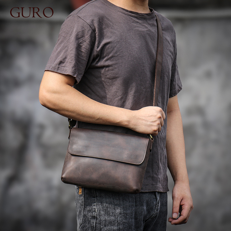 Tablet Shoulder Bag - GURO 남성용 빈티지 정품 가죽 숄더백,